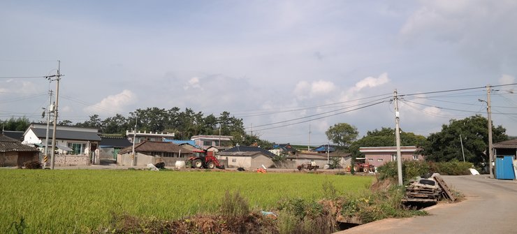 논밭 뒤로 주택이 줄지어 있는 마을의 모습