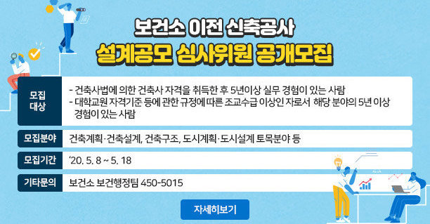 보건소 이전 신축공사 설계공모 심사위원 공개모집 ○ 모집대상    - 건축사법에 의한 건축사 자격을 취득한 후 5년이상 실무 경험이 있는 사람     - 대학교원 자격기준 등에 관한 규정에 따른 조교수급 이상인 자로서 해당 분야의 5년 이상 경험이 있는 사람  ○ 모집분야 : 4명 (각분야별 1~2명, 별도 예비위원2명)    - 건축계획·건축설계, 건축구조, 도시계획·도시설계, 토목분야 등 ○ 모집기간 : ‘20. 5. 8 ~ 5. 18  ○ 기타문의 : 보건소 보건행정팀 450-5015, 자세히보기 