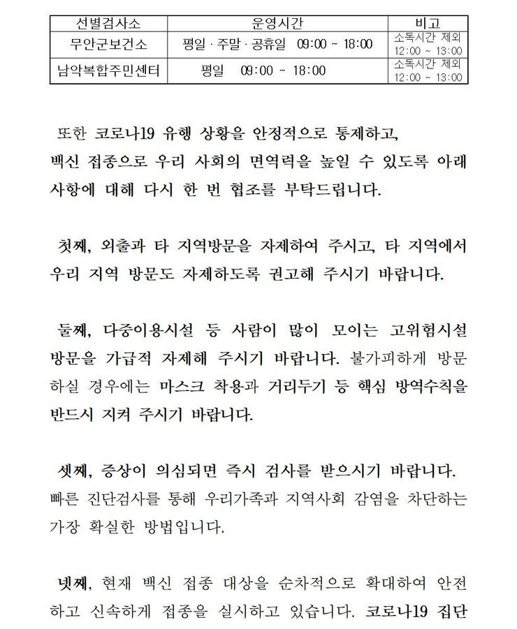 선별검사소: 무안군 보건소 운영시간:평일,주말,공휴일 09:00~18:00 비고:소독시간 제외:12:00~13:00 / 선별검사소:남악복합주민센터 운영시간:평일09:00~18:00 비고:소독시간 제외:12:00~13:00 또한 코로나19 유행 상황을 안정적으로 통제하고, 백신 접종으로 우리 사회의 면역력을 높일 수 있도록 아래 사항에 대해 다시 한 번 협조를 부탁드립니다. 첫째, 외출과 타 지역방문을 자제하여 주시고, 타 직역에서 우리 지역 방문도 자제하도록 권고해 주시기 바랍니다. 둘째, 다중이용시설 등 사람이 많이 모이는 고위험시설 방문을 가급적 자제해 주시기 바랍니다. 불가피하게 방문 하실 경우에는 마스크 착용과 거리두기 등 핵심 방역수칙을 반드시 지켜 주시기 바랍니다. 셋째, 증상이 의심되면 즉시 검사를 받으시기 바랍니다. 빠른 진단검사를 통해 우리가족과 지역사회 감염을 차단하는 가장 확실한 방법입니다. 넷째, 현재 백신 접종 대상을 순차적으로 확대하여 안전하고 신속하게 접종을 실시하고 있습니다. 코로나 19집단