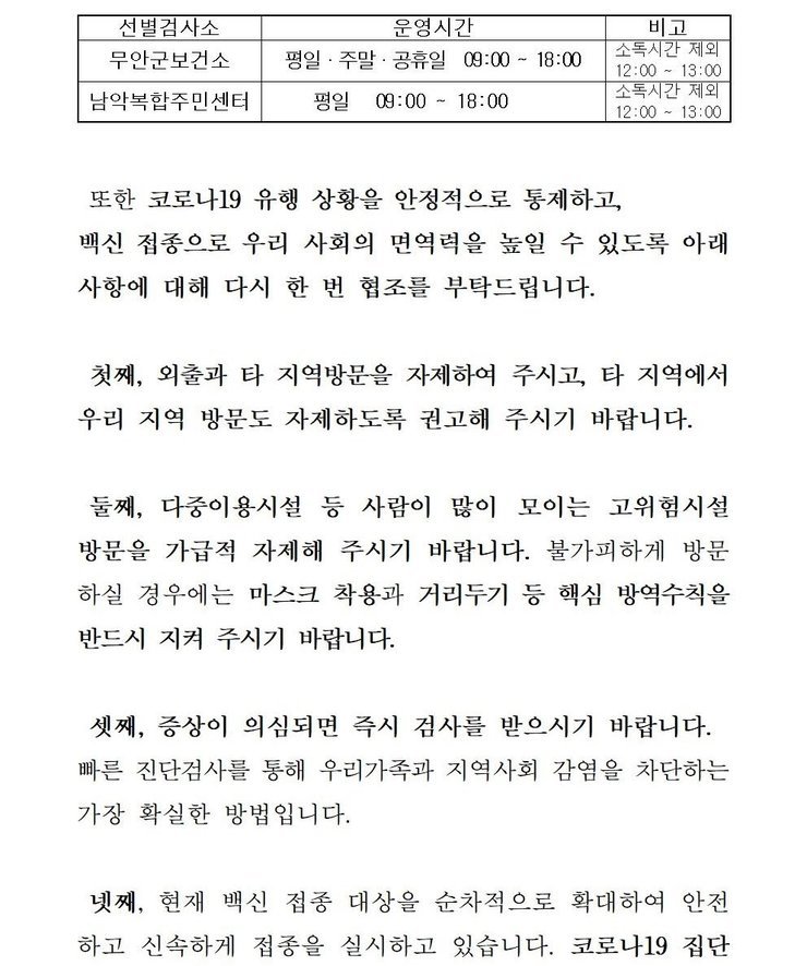 선별검사소: 무안군 보건소 운영시간:평일,주말,공휴일 09:00~18:00 비고:소독시간 제외:12:00~13:00 / 선별검사소:남악복합주민센터 운영시간:평일09:00~18:00 비고:소독시간 제외:12:00~13:00 또한 코로나19 유행 상황을 안정적으로 통제하고, 백신 접종으로 우리 사회의 면역력을 높일 수 있도록 아래 사항에 대해 다시 한 번 협조를 부탁드립니다. 첫째, 외출과 타 지역방문을 자제하여 주시고, 타 직역에서 우리 지역 방문도 자제하도록 권고해 주시기 바랍니다. 둘째, 다중이용시설 등 사람이 많이 모이는 고위험시설 방문을 가급적 자제해 주시기 바랍니다. 불가피하게 방문 하실 경우에는 마스크 착용과 거리두기 등 핵심 방역수칙을 반드시 지켜 주시기 바랍니다. 셋째, 증상이 의심되면 즉시 검사를 받으시기 바랍니다. 빠른 진단검사를 통해 우리가족과 지역사회 감염을 차단하는 가장 확실한 방법입니다. 넷째, 현재 백신 접종 대상을 순차적으로 확대하여 안전하고 신속하게 접종을 실시하고 있습니다. 코로나 19집단