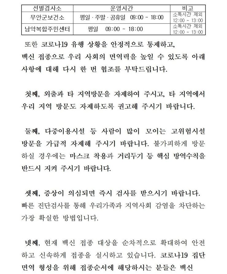 선별검사소: 무안군 보건소 운영시간:평일,주말,공휴일 09:00~18:00 비고:소독시간 제외:12:00~13:00 / 선별검사소:남악복합주민센터 운영시간:평일09:00~18:00 비고:소독시간 제외:12:00~13:00 또한 코로나19 유행 상황을 안정적으로 통제하고, 백신 접종으로 우리 사회의 면역력을 높일 수 있도록 아래 사항에 대해 다시 한 번 협조를 부탁드립니다. 첫째, 외출과 타 지역방문을 자제하여 주시고, 타 직역에서 우리 지역 방문도 자제하도록 권고해 주시기 바랍니다. 둘째, 다중이용시설 등 사람이 많이 모이는 고위험시설 방문을 가급적 자제해 주시기 바랍니다. 불가피하게 방문 하실 경우에는 마스크 착용과 거리두기 등 핵심 방역수칙을 반드시 지켜 주시기 바랍니다. 셋째, 증상이 의심되면 즉시 검사를 받으시기 바랍니다. 빠른 진단검사를 통해 우리가족과 지역사회 감염을 차단하는 가장 확실한 방법입니다. 넷째, 현재 백신 접종 대상을 순차적으로 확대하여 안전하고 신속하게 접종을 실시하고 있습니다. 코로나 19집단 면역 형성을 위해 접종순서에 해당하시는 분들은 백신