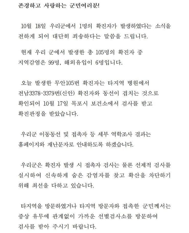 존경하고 사랑하는 군민 여러분! 10월18일 우리군에서 1명의 확진자가 발생하였다는 소식을 전하게 되어 대단히 죄송하다는 말씀을 드립니다. 현재 우리 군에서 발생한 총 105명의 확진자중 지역감염은 99명, 해외 유입이 6명입니다. 오늘 발생한 무안105번 확진자는 타지역 병원에서 전남3378-3379번(신안) 확진자와 동선이 겹치는 것으로 확인되어 10월17일 목포시 보건소에서 검사를 받고 확진판정을 받았습니다. 우리군 이동동선 및 접촉자 등 세부 역학조사 결과는 홈페이지와 재난문자로 안내하도록 하겠습니다. 우리군은 확진자 발생시 접촉자 검사는 물론 선제적 검사를 실시하여 신속하게 숨은 감염자를 찾고 확산을 차단하기 위해 최선을 다하고 있습니다. 타지역을 방문하였거나 타지역 방문자와 접촉한 군민께서는 증상 유무에 관계없이 가까운 선별검사소를 방문하여 검사를 받아 주시기 바랍니다.