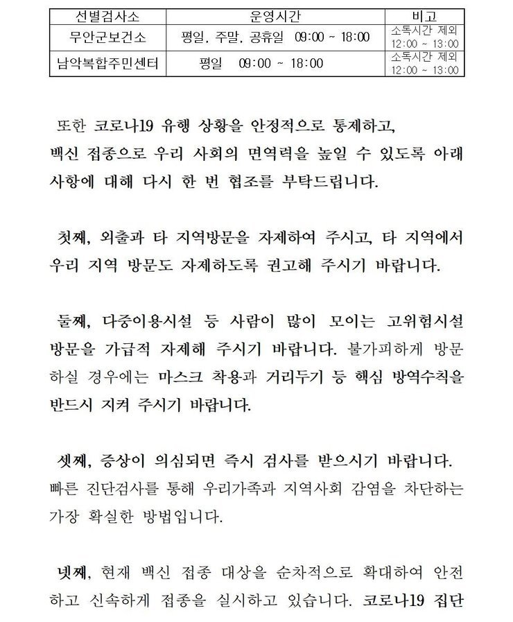 선별검사소: 무안군 보건소 운영시간:평일,주말,공휴일 09:00~18:00 비고: 소독시간 제외:12:00~13:00 / 선별검사소:남악복합주민센터 운영시간:평일09:00~18:00 비고:소독시간 제외12:00~13:00 또한 코로나19 유행 상황을 안정적으로 통제하고, 백신 접종으로 우리 사회의 면역력을 높일 수 있도록 아래 사항에 대해 다시 한 번 협조를 부탁드립니다. 첫째, 외출과 타 지역방문을 자제하여 주시고, 타 직역에서 우리 지역 방문도 자제하도록 권고해 주시기 바랍니다. 둘째, 다중이용시설 등 사람이 많이 모이는 고위험시설 방문을 가급적 자제해 주시기 바랍니다. 불가피하게 방문 하실 경우에는 마스크 착용과 거리두기 등 핵심 방역수칙을 반드시 지켜 주시기 바랍니다. 셋째, 증상이 의심되면 즉시 검사를 받으시기 바랍니다. 빠른 진단검사를 통해 우리가족과 지역사회 감염을 차단하는 가장 확실한 방법입니다. 넷째, 현재 백신 접종 대상을 순차적으로 확대하여 안전하고 신속하게 접종을 실시하고 있습니다. 코로나 19집단