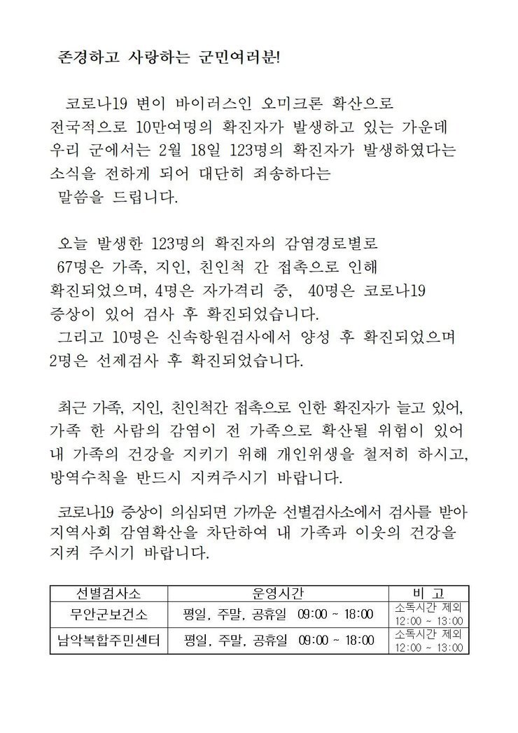 코로나19 확진자 발생에 따른 긴급발표문