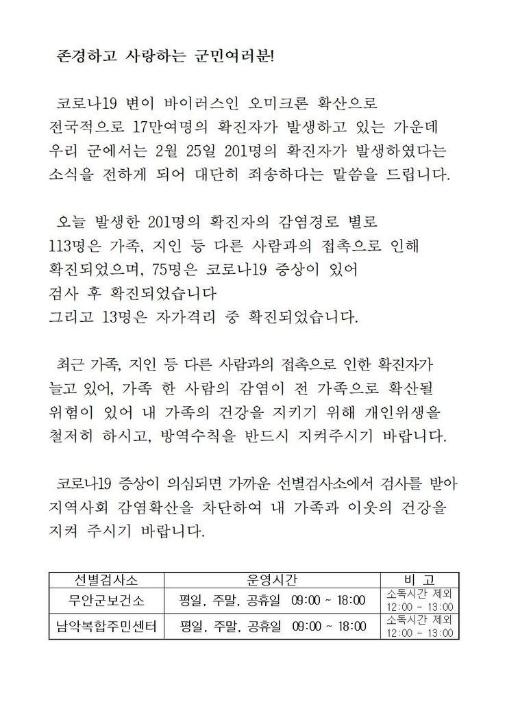 코로나19 확진자 발생에 따른 긴급발표문(0225)