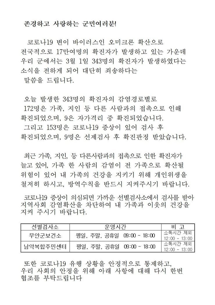 코로나19 확진자 발생에 따른 긴급발표문(0301)