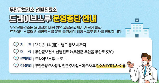 무안군보건소 선별진료소 드라이브스루 운영중단 안내   무안군보건소는 오미크론 대응 방역·의료관리체계 개편에 따라   드라이브스루형 선별진료소를 운영 중단하며 워킹스루로 검사를 진행합니다           1. 기    간 : `22. 3. 14.(월) ~ 별도 통보 시까지           2. 대    상 : 무안군보건소 선별진료소(무안군 무안읍 무안로 530)           3. 운영방법 : 드라이브스루 → 도보           4. 이용방법 : 무안군청 주차장 및 인근 주차장소에 주차 후 걸어서 PCR검사 이용