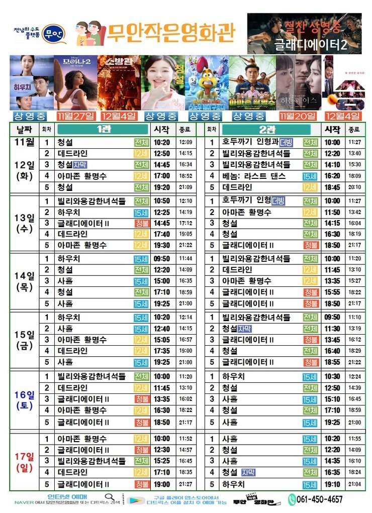 무안작은영화관 상영시간표

상영관: 1관
11월 12일 (화)
청설 - 전체 - 시작: 10:20, 종료: 12:09
데드라인 - 12세 - 시작: 12:25, 종료: 14:00
청설 자막 - 전체 - 시작: 14:15, 종료: 16:05
아마존 활명수 - 12세 - 시작: 17:00, 종료: 18:45
빌리와 용감한 녀석들 - 전체 - 시작: 19:00, 종료: 20:30
11월 13일 (수)
하우지 - 15세 - 시작: 12:25, 종료: 14:19
글래디에이터 II - 15세 - 시작: 14:35, 종료: 17:25
데드라인 - 12세 - 시작: 17:40, 종료: 19:15
아마존 활명수 - 12세 - 시작: 19:30, 종료: 21:15
11월 14일 (목)
청설 - 전체 - 시작: 10:20, 종료: 12:09
청설 - 전체 - 시작: 12:25, 종료: 14:14
하우지 - 15세 - 시작: 14:30, 종료: 16:24
청설 - 전체 - 시작: 16:35, 종료: 18:24
사흘 - 12세 - 시작: 18:35, 종료: 20:15
11월 15일 (금)
사흘 - 12세 - 시작: 12:25, 종료: 14:05
아마존 활명수 - 12세 - 시작: 14:15, 종료: 16:00
데드라인 - 12세 - 시작: 16:15, 종료: 17:50
빌리와 용감한 녀석들 - 전체 - 시작: 18:05, 종료: 19:35
11월 16일 (토)
데드라인 - 12세 - 시작: 10:20, 종료: 11:55
아마존 활명수 - 12세 - 시작: 12:10, 종료: 13:55
글래디에이터 II - 15세 - 시작: 14:10, 종료: 17:00
청설 - 전체 - 시작: 17:15, 종료: 19:05
11월 17일 (일)
글래디에이터 II - 15세 - 시작: 10:20, 종료: 13:10
빌리와 용감한 녀석들 - 전체 - 시작: 13:25, 종료: 14:55
데드라인 - 12세 - 시작: 15:10, 종료: 16:45
글래디에이터 II - 15세 - 시작: 17:00, 종료: 19:50
상영관: 2관
11월 12일 (화)
호루라기 인형 더빙 - 전체 - 시작: 10:00, 종료: 11:27
빌리와 용감한 녀석들 - 전체 - 시작: 12:10, 종료: 13:40
베놈: 라스트 댄스 - 12세 - 시작: 14:45, 종료: 16:45
데드라인 - 12세 - 시작: 17:15, 종료: 18:50
11월 13일 (수)
호루라기 인형 더빙 - 전체 - 시작: 10:00, 종료: 11:27
아마존 활명수 - 12세 - 시작: 11:50, 종료: 13:35
청설 - 전체 - 시작: 14:45, 종료: 16:34
글래디에이터 II - 15세 - 시작: 16:45, 종료: 19:35
11월 14일 (목)
청설 - 전체 - 시작: 10:00, 종료: 11:49
빌리와 용감한 녀석들 - 전체 - 시작: 12:10, 종료: 13:40
데드라인 - 12세 - 시작: 13:55, 종료: 15:30
글래디에이터 II - 15세 - 시작: 15:55, 종료: 18:45
11월 15일 (금)
빌리와 용감한 녀석들 - 전체 - 시작: 10:00, 종료: 11:30
청설 - 전체 - 시작: 12:10, 종료: 13:59
사흘 - 12세 - 시작: 14:15, 종료: 15:55
청설 - 전체 - 시작: 16:10, 종료: 18:00
11월 16일 (토)
아마존 활명수 - 12세 - 시작: 10:00, 종료: 11:45
청설 - 전체 - 시작: 12:10, 종료: 13:59
사흘 - 12세 - 시작: 14:15, 종료: 15:55
청설 - 전체 - 시작: 16:10, 종료: 18:00
11월 17일 (일)
청설 - 전체 - 시작: 10:00, 종료: 11:49
청설 - 전체 - 시작: 12:10, 종료: 13:59
청설 자막 - 전체 - 시작: 14:15, 종료: 16:05
하우지 - 15세 - 시작: 16:15, 종료: 18:09
문의: 061-450-4657

출처: 무안작은영화관 