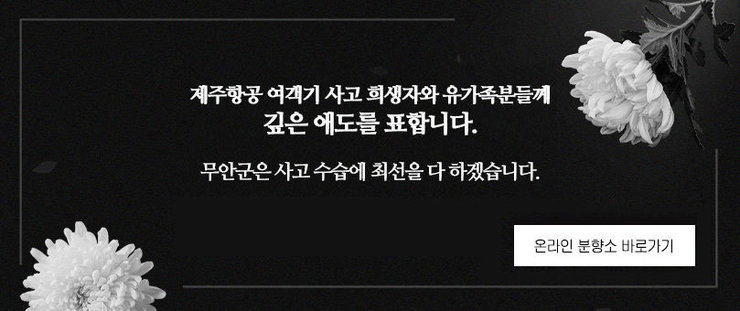 제주항공 여객기 사고 희생자와 유가족분들께 깊은 애도를 표합니다. 무안군은 사고 수습에 최선을 다 하겠습니다. 온라인 분향소 바로가기