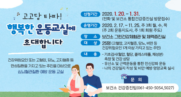 고고당 타파! 행복한 운동교실 건강위험요인 또는 고혈압, 당뇨, 고지혈증 등 만성질환을 가지고 있는 주민을 대상으로 심뇌혈관질환 예방 운동 교실, 신청기간 : 2020. 1. 20. ~ 1. 31. (전화 및 보건소 통합건강증진실 방문접수), 운영기간 : 2020. 2. 17. ~ 11. 25. 주 3회 월, 수, 목 (주 2회 운동지도사, 주 1회 회원 주도),  장소 : 보건소 그린건강체험관 및 체력증진실 대상 : 25명 (고혈압, 고지혈증, 당뇨, 비만 등 건강위험요인 1개 이상 가지고 있는 주민), 내용 :  - 기초 검사(혈압, 혈당, 콜레스테롤, 체성분)  측정 및 건강 상담 - 유산소 및 근력운동을 통한 전신 강화 운동  - 나의 건강일지 작성 및 비만 예방·영양교육 실시,  문의 : 보건소 건강증진팀(061-450-5054,5027) 