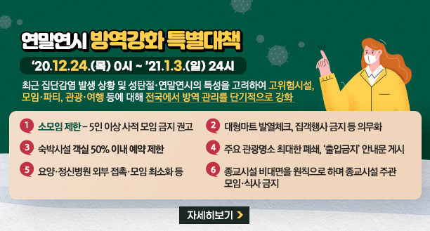 연말연시 방역강화 특별대책 【 ‘20.12.24.(목) 0시 ~ ’21.1.3.(일) 24시 】 최근 집단감염 발생 상황 및 성탄절 연말연시의 특성을 고려하여 고위험시설, 모임 파티, 관광 여행 등에 대해 전국에서 방역 관리를 단기적으로 강화 - 소모임 제한 - 5인 이상 사적 모임 금지 권고 - 대형마트 발열체크, 집객행사 금지 등 의무화 - 숙박시설 객실 50% 이내 예약 제한 - 주요 관광명소 최대한 폐쇄, ‘출입금지’ 안내문 게시 - 요양·정신병원 외부 접촉·모임 최소화 등 종교시설 비대면을 원칙으로 하며 종교시설 주관 모임·식사 금지 자세히 보기