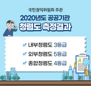 국민권익위원회 주관 2020년도 공공기관 청렴도 측정결과 ○ 내부청렴도 3등급 ○ 외부청렴도 5등급 ○ 종합청렴도 4등급