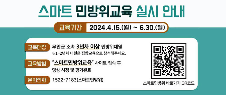 스마트 민방위교육 실시 안내 -교육기간:2024.4.15.(월)~6.30.(일) -교육대상:무안군 소속 3년차 이상 민방위대원 ※1~2년차 대원은 집합교육으로 참석해주세요. -교육방법:스마트민방위교육 사이트 접속 후 영상 시청 및 평가완료 -문의전화:1522-7183(스마트 민방위) 스마트민방위 바로가기 QR코드(https://www.cdec.kr/)