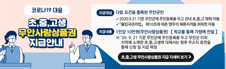  코로나19 대응 초,중,고생 무안사랑상품권 지급안내  ▶지급대상 : 다음 요건을 충족한 무안군민     - 2020.9.21 기준 무안군에 주민등록을 두고 관내 초,중,고 재학 아동     - 『출입국관리법』 제10조에 따른 영주의 체류자격을 취득한 아동 ▶지급내용 : 1인당 10만원(무안사랑상품권) 【 학교를 통해 가정에 전달 】 ※ ‘20. 9. 21 기준 무안군에 주민등록을 두고 무안군 이외 지역에 소재한 초,중,고생에 대해서는 향후 주소지 읍면을 통해 신청 및 지급 예정 ☞ 초,중,고생 무안사랑상품권 지급 자세히 보기