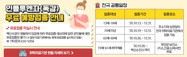 인플루엔자(독감) 무료 예방접종 안내 ▶유료접종 미실시 안내 백신수급이 원활하지 않음에 따라 무료접종 대상외에 일반 군민들에 대한 유료접종은 불가  ( ※ 일반 의료기관에서는 현재 유료접종 실시하고 있음 )  ☎ 기타문의 450-5058  ▶전국 공통일정 -접종대상 : 13세~18세 -접종기간 : ‘20.10.13. ~ 12.31. -접종장소 : 주소지와 상관없이 전국 위탁의료기관에서 접종 가능  -접종대상 : 70세 이상 -접종기간 : ‘20.10.19. ~ 12.31. -접종장소 : 주소지와 상관없이 전국 위탁의료기관에서 접종 가능  -접종대상 : 62세~69세 -접종기간 : ‘20.10.26. ~ 12.31. -접종장소 : 주소지와 상관없이 전국 위탁의료기관에서 접종 가능  -접종대상 : 19세~61세 취약계층 -접종기간 : ‘20.10.20. ~ 백신소진시 까지 -접종장소 : 무안군 보건소(지소,진료소)에서만 무료,  위탁의료기관 현황 자세히 보기