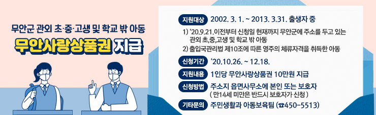 무안군 관외 초·중·고생 및 학교 밖 아동 무안사랑 상품권 지급  -지원대상 : 2002. 3. 1. ~ 2013. 3.31. 출생자 중    1) ‘20.9.21.이전부터 신청일 현재까지 무안군에 주소를 두고 있는 관외 초,중,고생 및 학교 밖 아동    2) 출입국관리법 제10조에 따른 영주의 체류자격을 취득한 아동 -신청기간 : 20.10.26.~12.18. -지원내용 : 1인당 무안사랑상품권 10만원 지급 -신청방법 : 주소지 읍면사무소에 본인 또는 보호자 ( 만14세 미만은 반드시 보호자가 신청 ) -기타문의 : 주민생활과 아동보육팀 (☎450-5513)